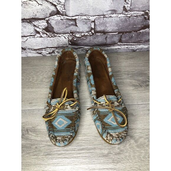 Minnetonka Blue Aztec Southwest Lace Bow Moccasins Shoes Women Sz 9M US/40EU - Picture 15 of 16